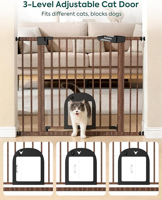 Babelio CatPrivilege Ⅲ Baby Gate with Cat Door, 29"-43" Adjustable Black Wood Pattern Pet Door, 30" Tall Pressure Mounted Safety Gate for Stairs & Doorways, Auto Close,Wall Protectors Included