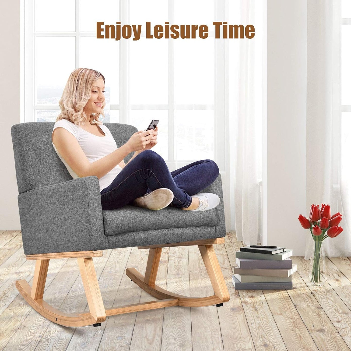 Giantex Upholstered Rocking Chair, Nursery Rocking Chair w/Widened Back, Machine-Washable Seat Cushion Cover, Solid Rubber Wood Frame, Glider Rocker Accent Chair for Living Room, Bedroom, Beige