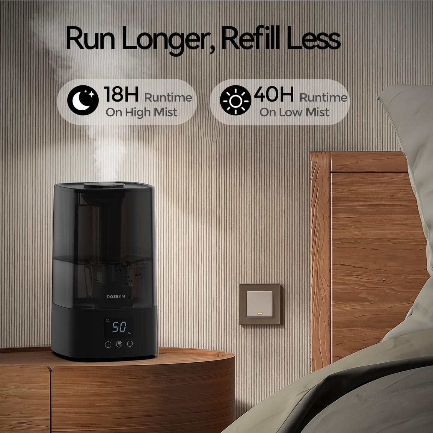 ROSEKM Humidifiers for Bedroom, 2.0L Cool Mist Humidifier for Home Plant and Baby Nursery, Quiet Ultrasonic Humidifier with 360° Nozzle, Auto Shut-Off, Filterless, Black