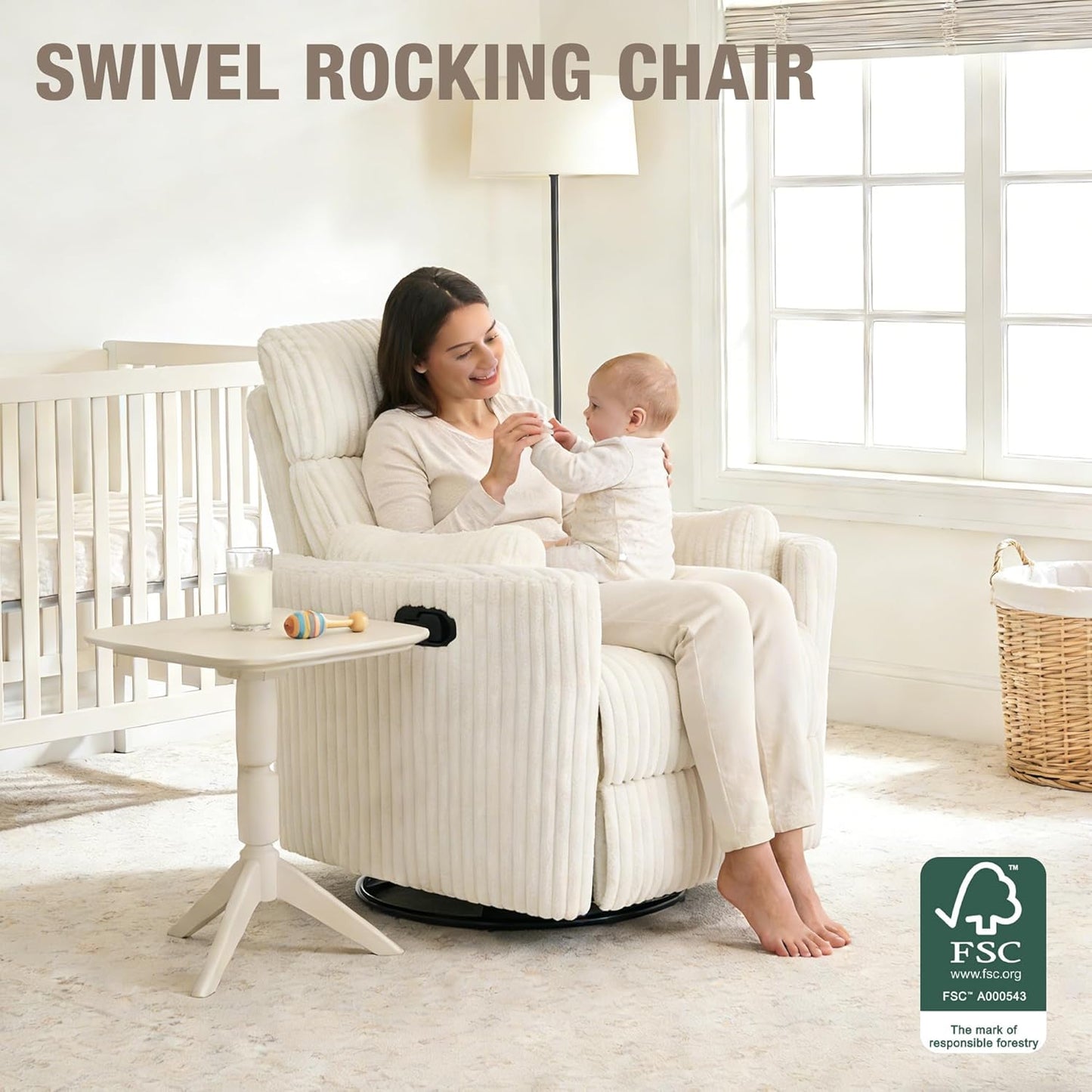 Swivel Rocking Chair for Adults, Oversized Rocker Recliner，Nursery Glider Chair with 2 Pillows, Manual Wide Recliner Single Sofa Barrel Armchair for Living Room, Bedroom, Nursery, White