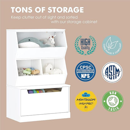 UTEX Kids Toy Storage Organizer, Bookshelf for Kids and Bookcase with Drawer, Children Open Storage Cubby for Playroom Nursery White