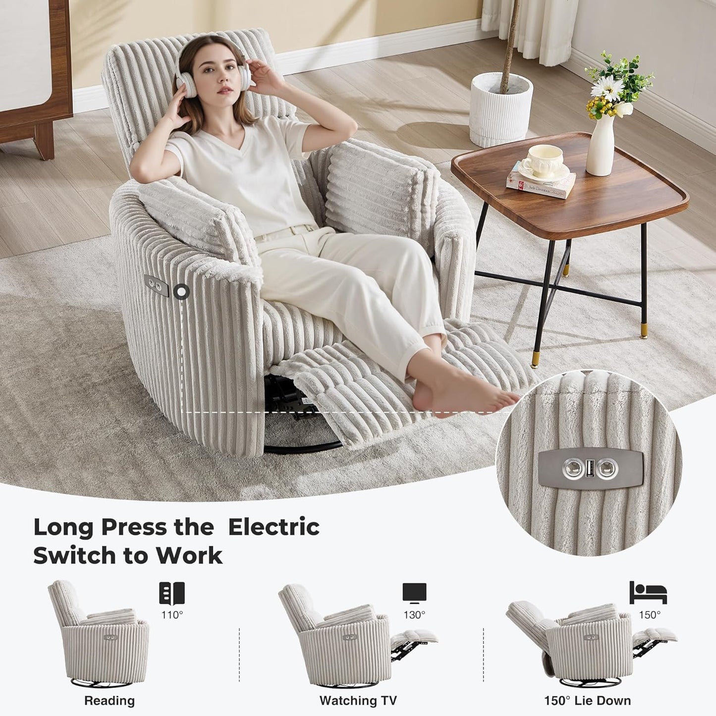 Power Recliner,Nursery Swivel Glider Rocking Chair with USB Port,Upholstered Adult Electric Recliner Rocking Chair with 2 Pillows for Living Room Bedroom (Beige Corduroy, Power-Driven)