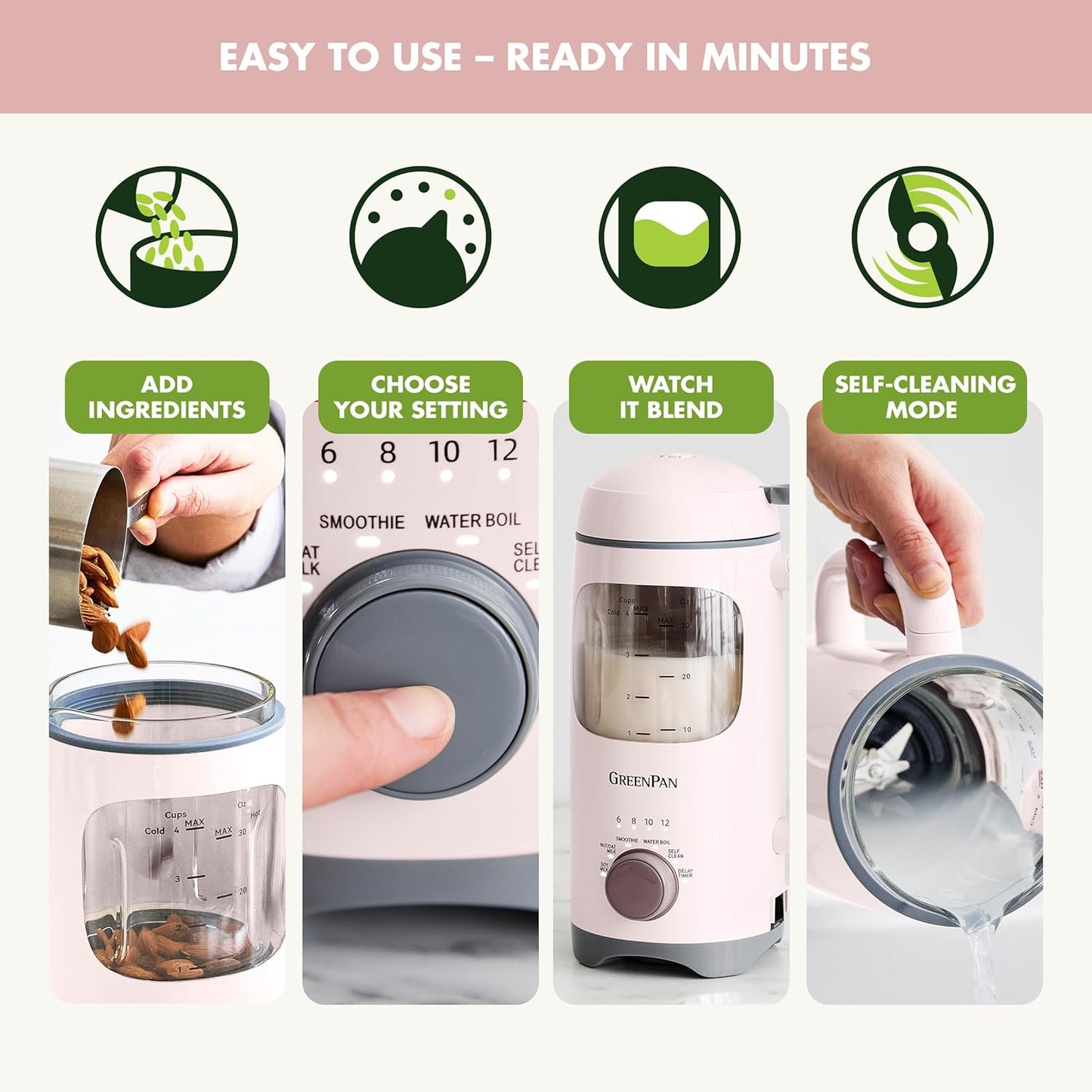 GreenPan 30oz Nut Milk Maker Machine, 15-in-1 for Homemade Almond, Oat, Soy, Coconut, Plant-Based Non-Dairy Beverages, Soups, BPA-Free Glass, Automatic Self-Clean, Delay Start, Pink