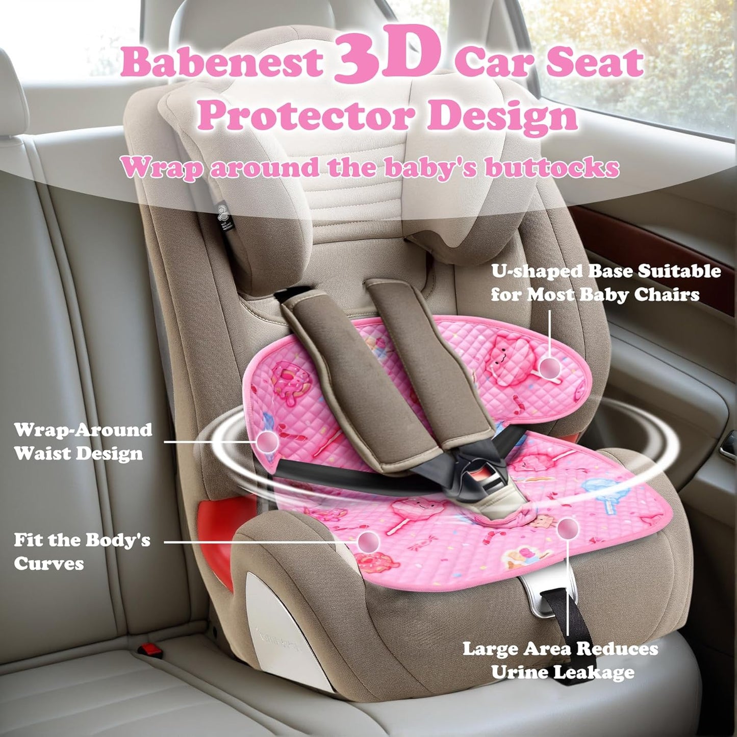 Babenest Car Seat Potty Protector Cover -Waterproof Carseat Training Liner for Baby &Toddler Shower Gift, Dry Piddle Pee Pad with Fun Designs for Strollers & Infant Car Seats (2pcs Pink)