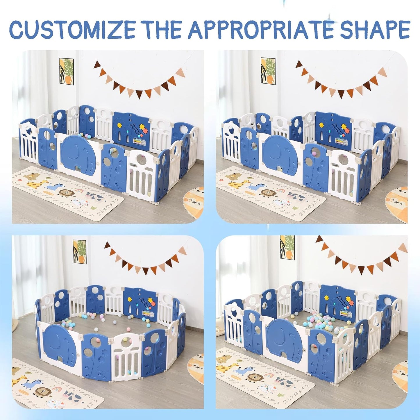 Baby Playpen, 14-Panel Foldable Play Pen for Babies and Toddlers, Indoor Outdoor Baby Fence with Sensory Play Panel, Adjustable Shape Activity Play Center, Portable & Easy Assemble