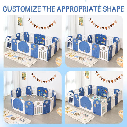 Baby Playpen, 14-Panel Foldable Play Pen for Babies and Toddlers, Indoor Outdoor Baby Fence with Sensory Play Panel, Adjustable Shape Activity Play Center, Portable & Easy Assemble