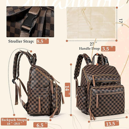 Omanmoli Checkered Diaper Bag Backpack Large Baby Diaper Bag Leather with 17 Diaper Bag Organizing Pouches,Changing Pad,Stroller Straps,4 Insulated Pockets, Coffee