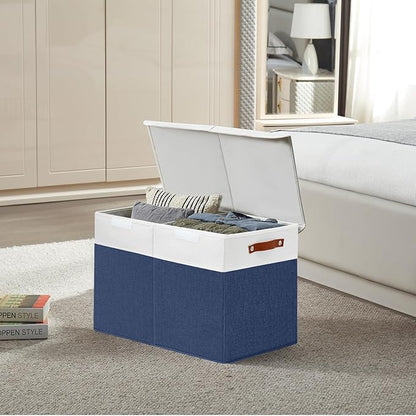Bagnizer Large Toy Storage Box with Lids, Collapsible Sturdy Baby Storage Organizer Chest Bin Basket for Kids, Boys, Girls, Playroom, Nursery, Bedroom, Closet 25"x13"x16" (Navy Blue and White)