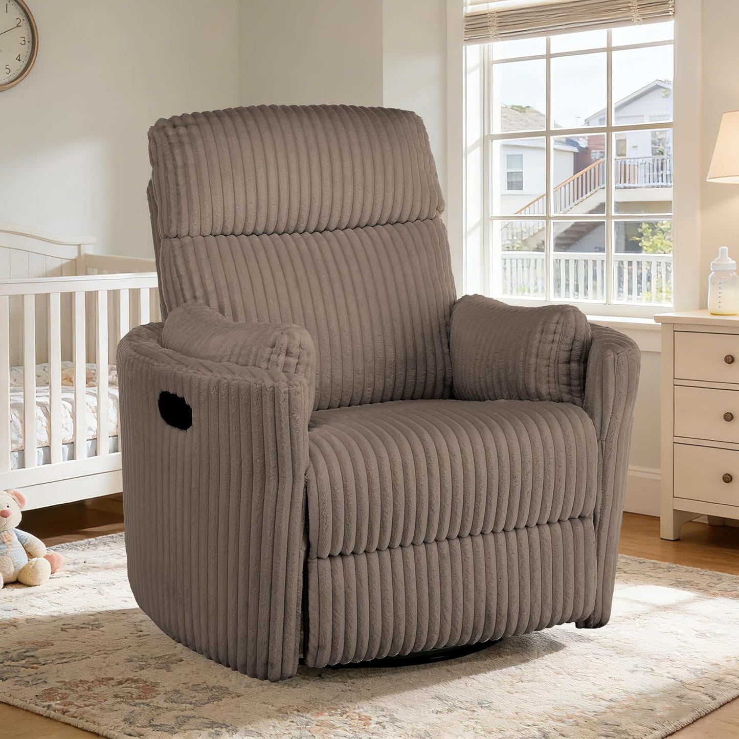 Oversized Swivel Rocking Chair, Manual Large Rocker Recliner Chairs for Adults, Corduroy Nursery Glider Barrel Chair with 2 Pillows, Wide Recliner for Living Room, Bedroom, Nursery, White