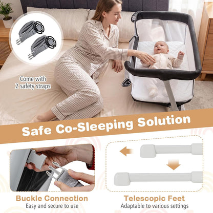 BABY JOY Bassinet, Bedside Crib w/Adjustable Height, Comfy Mattress, Full-Mesh Sides and Storage Pockets for Newborns Infants, Baby Bassinets Bedside Sleeper for Safe Co-Sleeping