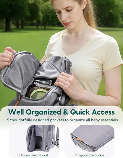 BABELIO Grid Wizard Diaper Bag Backpack - Multi Function Waterproof Diaper Bag, Travel Essentials Baby Bag with 4 Individual Organizers, Insulated Bottle Holders, Baby Shower Gifts, Grey