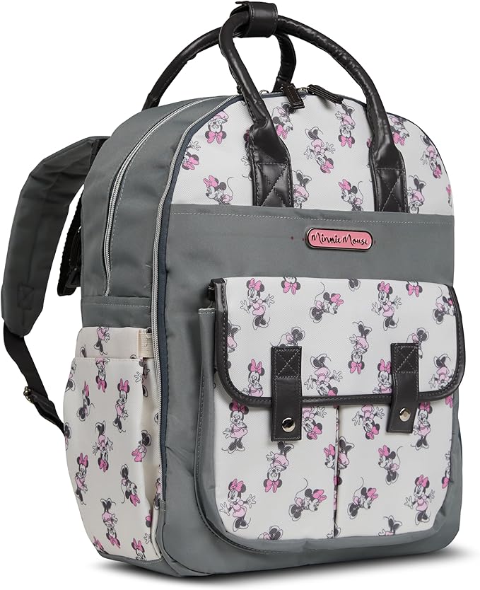 Disney Diaper Bag Backpack with Changing Pad Minnie Mouse – 16” Nylon Baby Bag for Parents, Insulated Bottle Holders, Multiple Storage Pockets