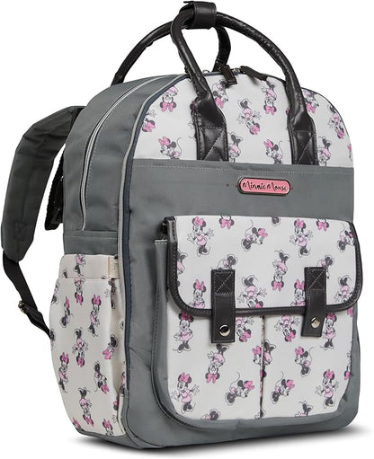 Disney Diaper Bag Backpack with Changing Pad Minnie Mouse – 16” Nylon Baby Bag for Parents, Insulated Bottle Holders, Multiple Storage Pockets