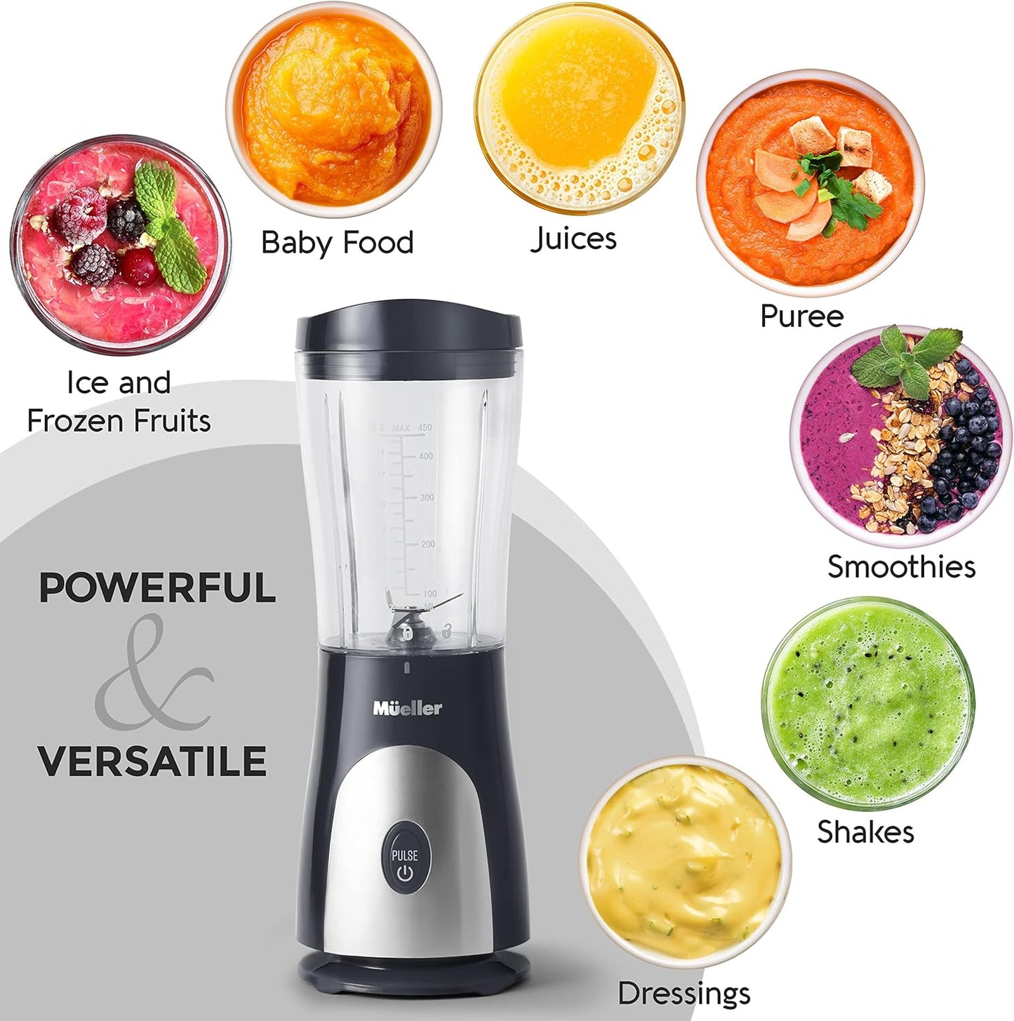 Mueller Heavy-Duty Personal Blender for Shakes and Smoothies with a 15 Oz Travel Cup and Lid, Juices, Baby Food, Portable Blender & Food Processor, Turquoise