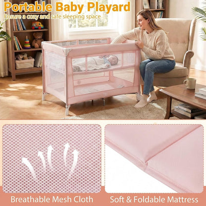 BABY JOY 3 in 1 Pack and Play, Portable Baby Playard with Bassinet, Changing Table, Lockable Wheels, Glowing Music Box, Travel Baby Crib Bassinet Bed from Newborn to Toddler