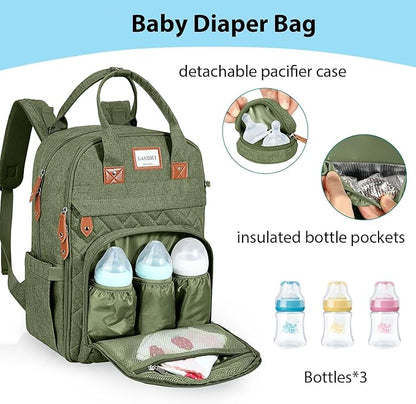 LANDICI Diaper Bag Backpack, Multifunction Baby Diaper Bags with Changing Pad, Stroller Straps & Pacifier Case, Travel Essentials Back Pack for Mom Dad Boy Girl, Large Capacity, Waterproof, Army Green