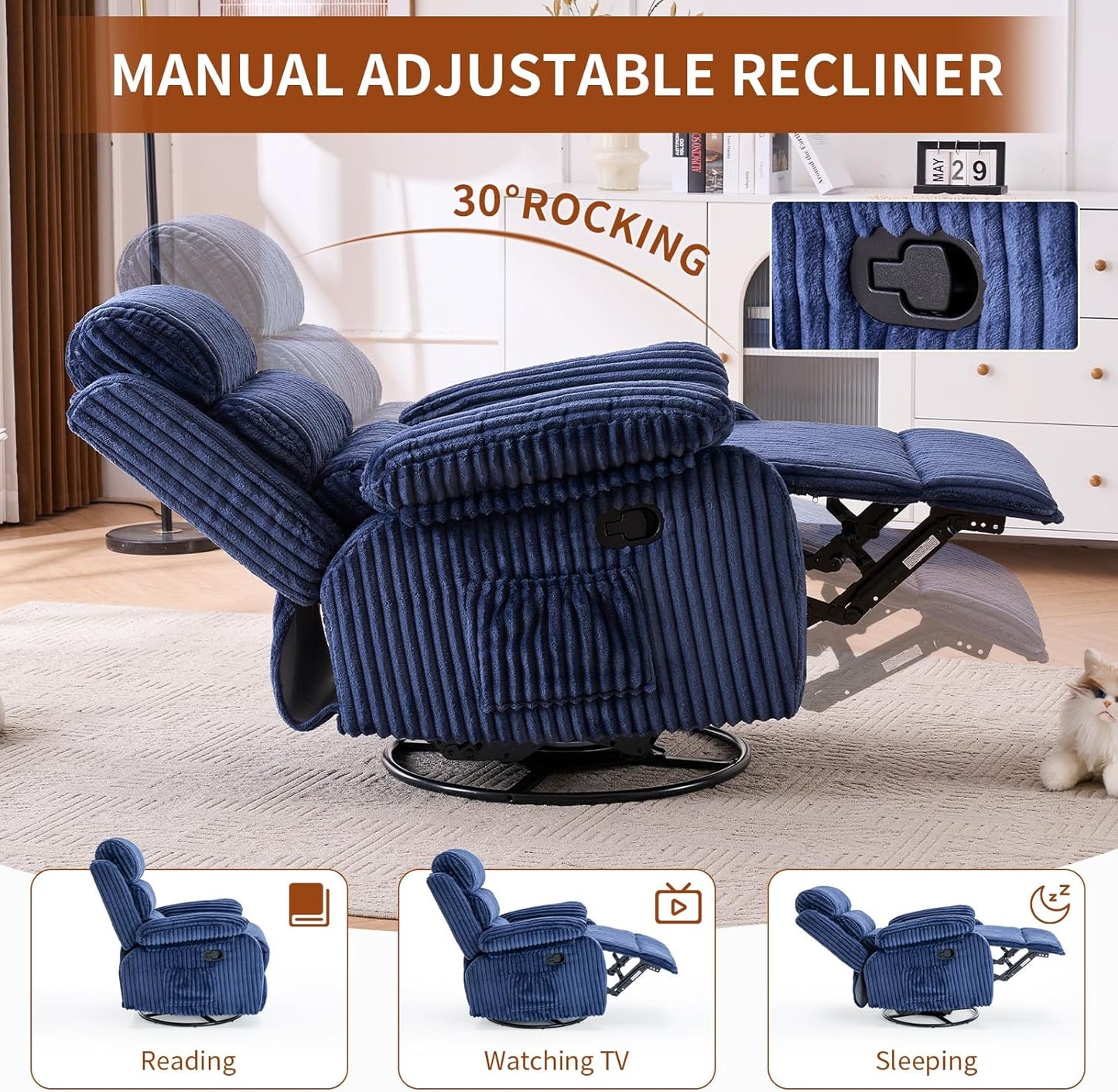 Adult 360° Rocking Recliner Chair，Nursery Rocker Reclining Chair with Side Pocket, a Comfy upholstered Single Sofa Armchair. Suitable for Living Room, Bedroom Nursing use, Velvet Fabric in Beige