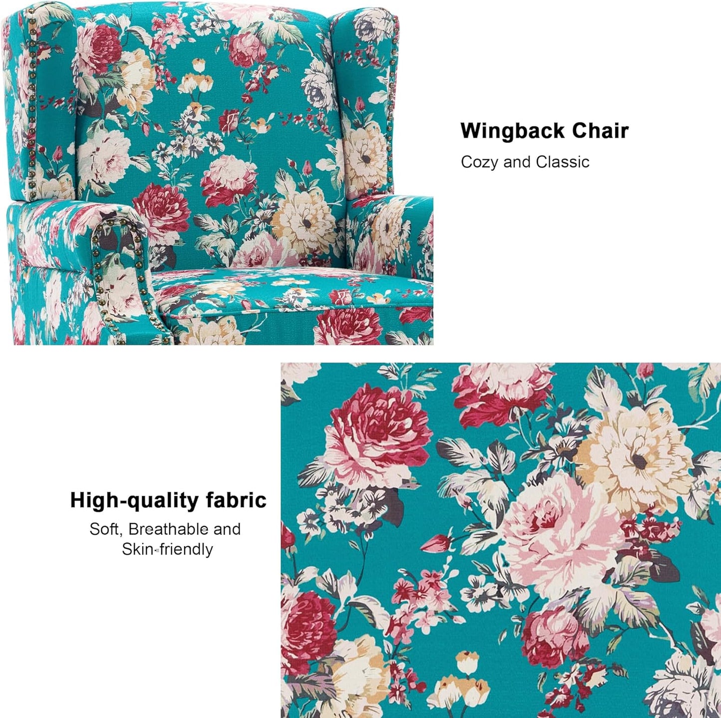 Swivel Rocker Recliner Chair, Manual Nursery Glider Recliner, Floral Fabric Wingback Accent Chair with Adjustable Backrest & Footrest for Small Spaces Living Room Bedroom (Plants Floral, Set of 1)