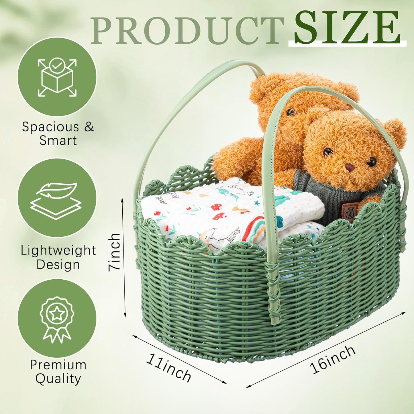 Premium PE Rattan Diaper Caddy Organizer with Handles, Easy-clean PE Wicker Storage Basket, Sage Green Nursery Organizer for Baby Essentials & Baby Shower Gifts