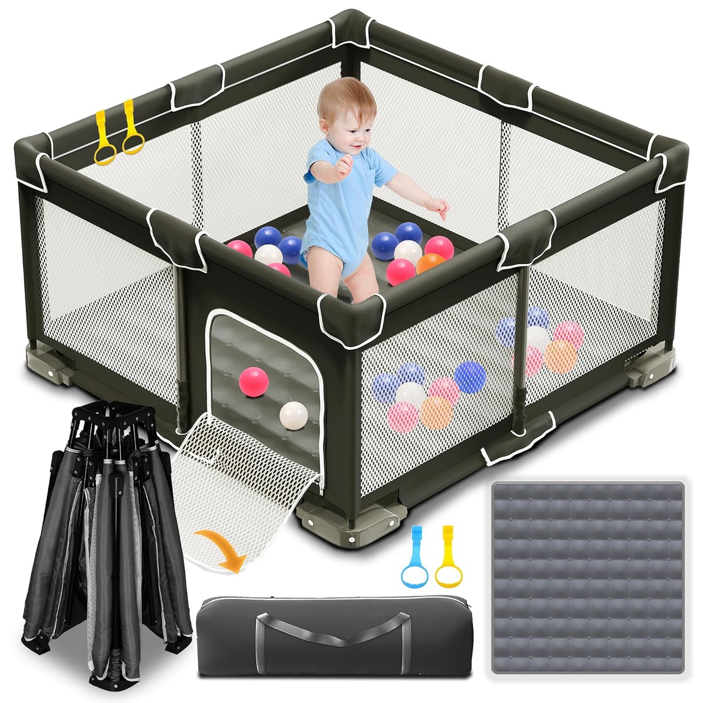 ICAREWAY Foldable Playpen for Babies and Toddlers, 50x50 Inches Portable Playpen, Kids Collapsible Play Pen with 2 Handlers, Indoor & Outdoor Baby Fence Play Area with Visible Mesh, Dark Gray