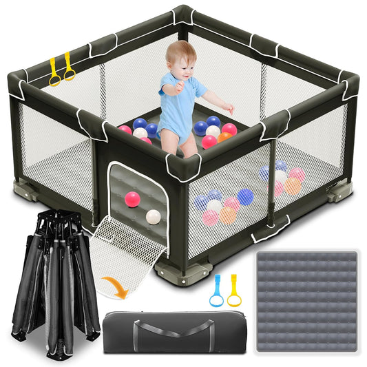 ICAREWAY Foldable Playpen for Babies and Toddlers, 50x50 Inches Portable Playpen, Kids Collapsible Play Pen with 2 Handlers, Indoor & Outdoor Baby Fence Play Area with Visible Mesh, Dark Gray