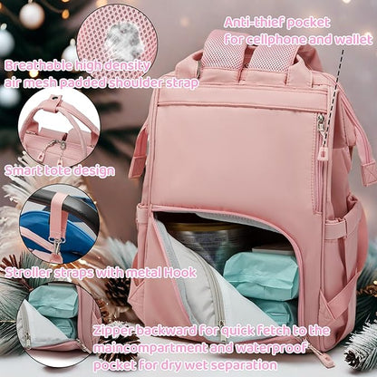 Diaper Bag Backpack for Dad and Mom with USB Charging Port Stroller Straps and Insulated Pocket,army military Travel Nappy Backpack for Daddy/Mommy (Pink)