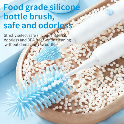Portable Electric Silicone Bottle Brush Set, 7-in-1 UV LIGHT USB Charging, Nipple/Straw Cleaner, Milk Mixer, Built-in Drying Rack & Storage Case, BPA-Free, IPX7, On-the-Go for New Parents (Blush)