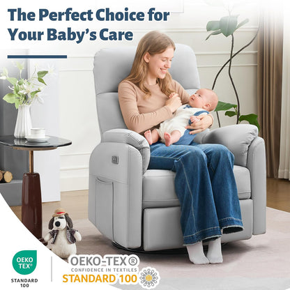 Power Glider Recliner Nursery Rocking Chair with USB Ports, Glider Chair with Lumbar Pillow for Living Room, Glider Swivel Recliner Chair for Nursery(Beige)