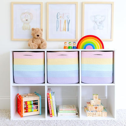 NaturalCozy Storage Cubes 11 Inch Cotton Rope Woven Baskets for Organizing, 3-Pack | Cube Storage Bin | Square Storage Baskets for Shelves Organizer, Classroom, Kids Toy Bins, Closet, Baby Nursery