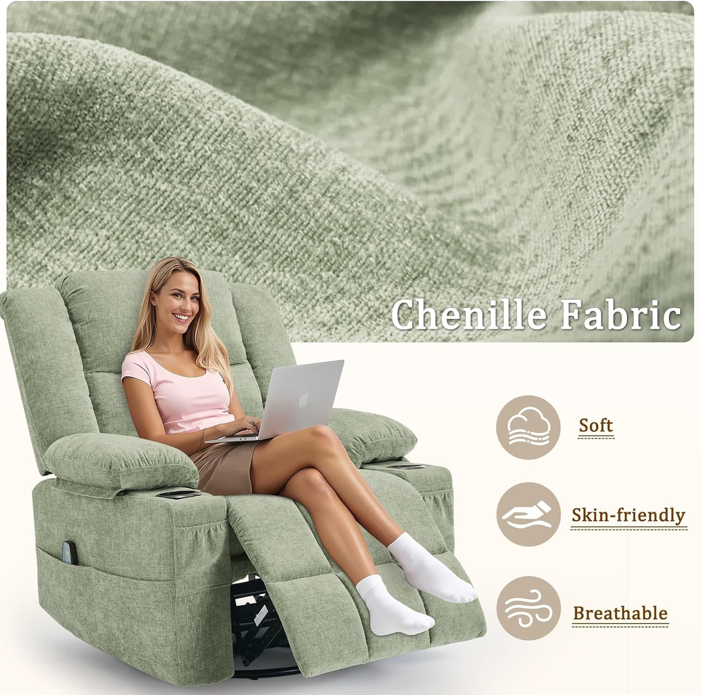 Korser 360° Swivel Rocker Recliner for Adults, Nursery Glider Recliner with Massage and Heating, Rocking Chair with Cup Holder, Manual Recliner Chair for Living Room, Bedroom (Fabric, Beige)