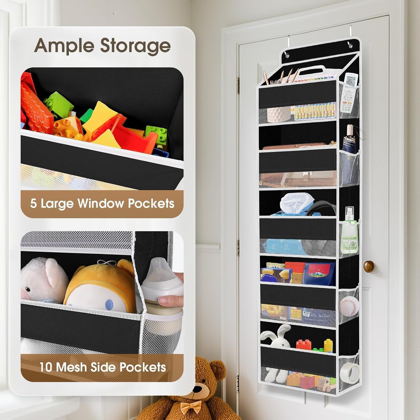 SpaceHacks 1 Pack Over The Door Organizer, Hanging Storage Organizer with Clear Window, 40lb Ultra Sturdy Large Capacity Room Organizer for Pantry Laundry Bathroom Nursery Closet Baby Essential (Grey)