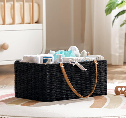 HBlife Large Baby Diaper Caddy Organizer, Paper Rope Storage Baskets Nursery Bin with Removable Divider, Portable Car Organizer for Diapers, Baby Shower Gifts, Newborn Essentials Must Haves