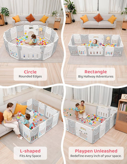 Baby Playpen, Dripex Baby Playard for Babies and Toddlers, 14-Panel Foldable Playpen Adjustable Portable Play Area, Indoor/Outdoor Kids Active Center with Game Panel & Safety Gate, Grey White