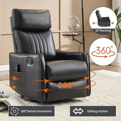 Swivel Rocker Recliner Chair for Adults, Nursery Rocking Chair with Heat and Massage, Glider Reclining Chair for Small Space Living Room Bedroom, Faux Leather Black