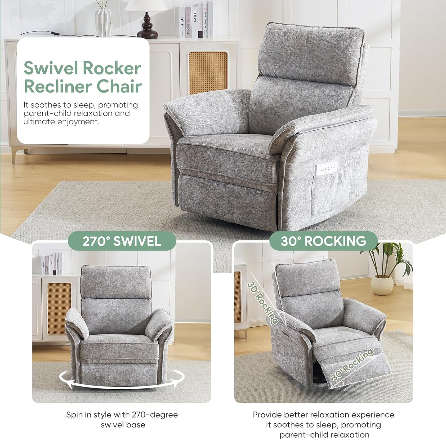 Oversized Swivel Rocker Recliner with Adjustable Headrest, Rocking Chair Nursery with Overstuffed Armrest, Manual Rocker Recliner Nursery Chair for Living Room, White