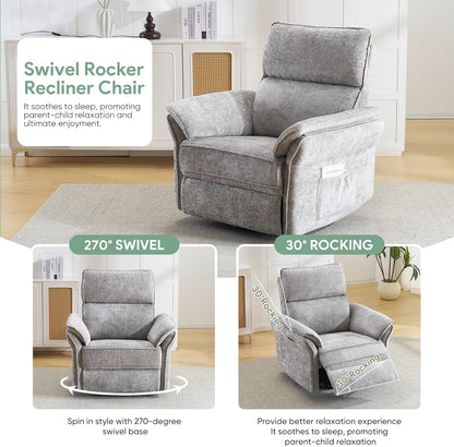 Oversized Swivel Rocker Recliner with Adjustable Headrest, Rocking Chair Nursery with Overstuffed Armrest, Manual Rocker Recliner Nursery Chair for Living Room, White