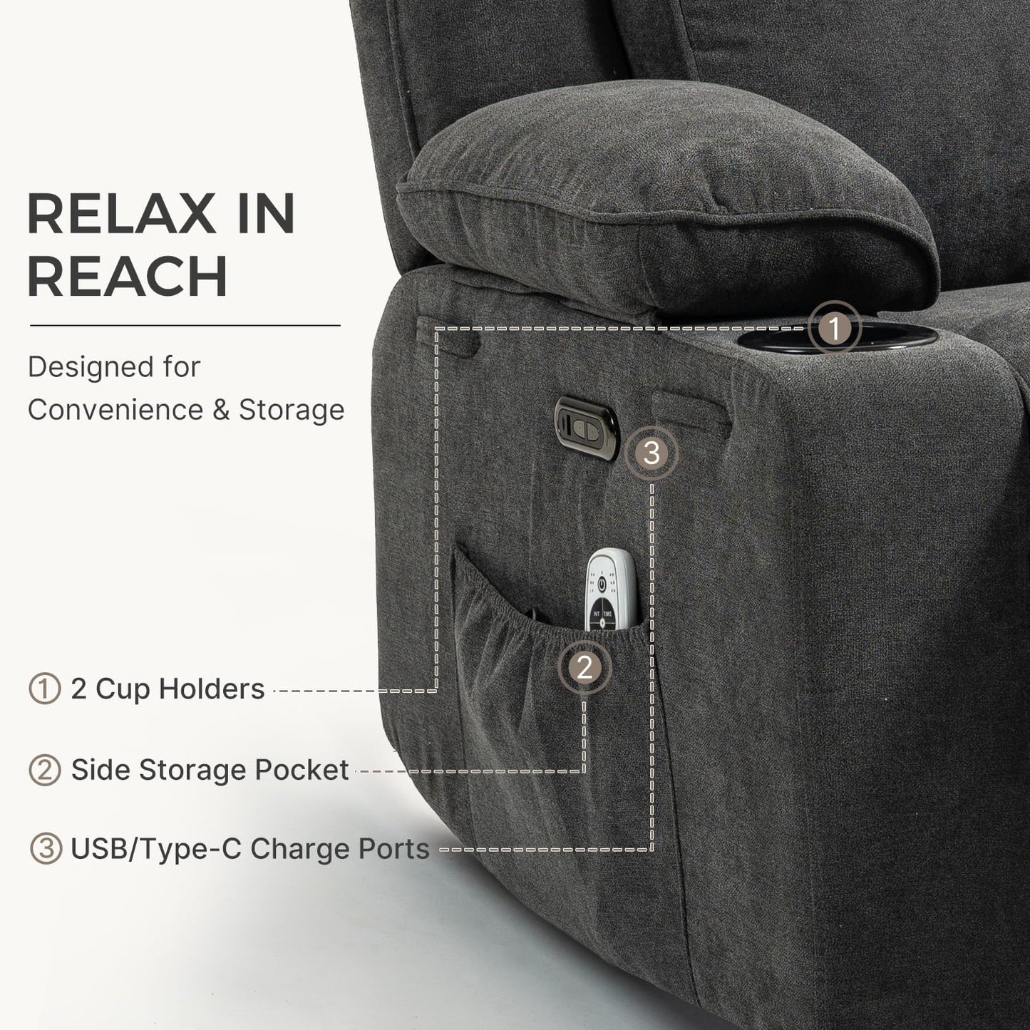 Recliner Chair Power Control, Nursery Reclining & Rocking Chair and Glider, Massage Swivel Living Room Furniture for Small Spaces, Bedroom, RVS, Lounge Sofa Chairs with USB & Type C Ports, Light Gray