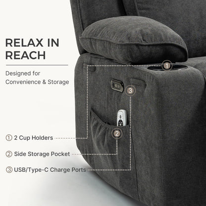 Recliner Chair Power Control, Nursery Reclining & Rocking Chair and Glider, Massage Swivel Living Room Furniture for Small Spaces, Bedroom, RVS, Lounge Sofa Chairs with USB & Type C Ports, Light Gray