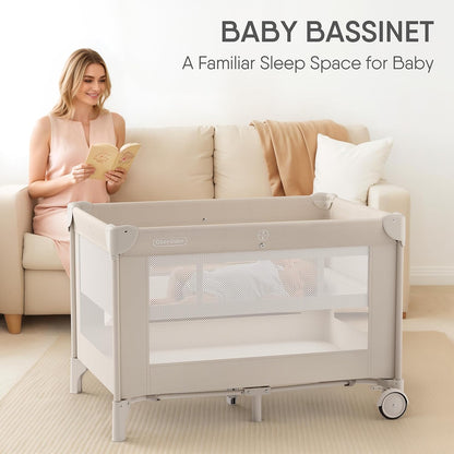 Obee Odee 4-in-1 Baby Bassinet with Playard, Napper Bassinet, Changing Table, Mosquito Net & Canopy, Storage and Toys for Newborn to Toddler