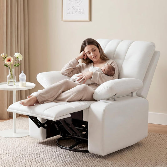 AILEEKISS Nursery Glider Recliner Rocking Chair w/Adjustable Armrests, Oversized 360° Swivel, 30° Rocker, 90°-160° Recline, White Leather Reclining Nursing Living Room Chair for Breastfeeding Bedroom