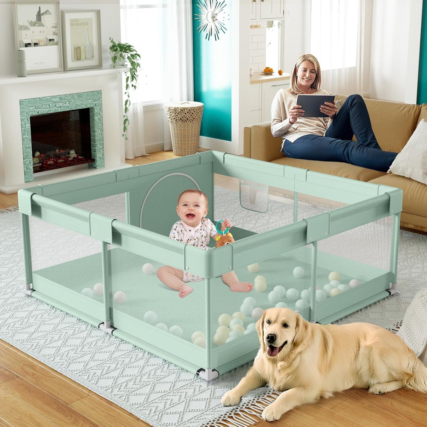 Fodoss Baby Playpen 50×50in, Small Play Pen for Babies and Toddlers, Playpen for Apartment, Play Yard, Activity Fence, Baby Playard with All-Side Mesh, Pull Rings