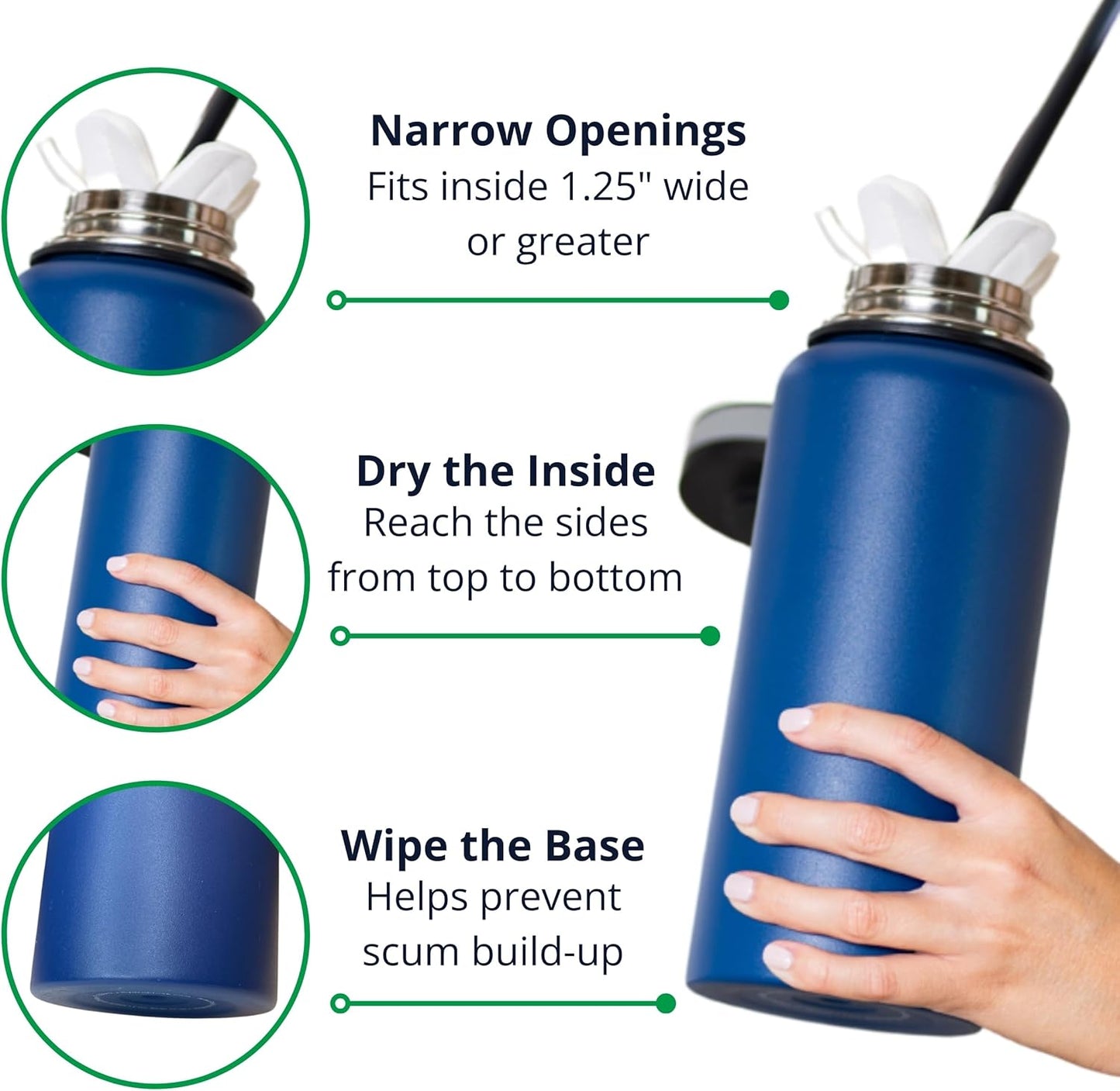 Drying Wand - Narrow Container Dryer (>1.25" Opening) - Water Bottle, Carafe, Wine Glass, Champagne Flute, Hydration Backpack Bladder, Reusable Bags - Rack Alternative. Patented.