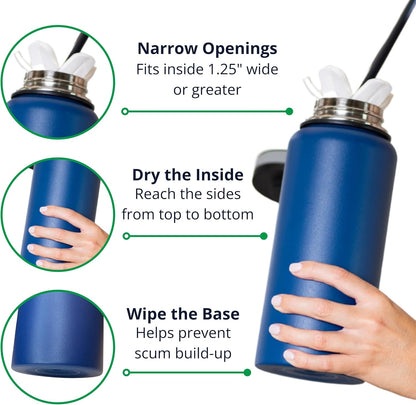 Drying Wand - Narrow Container Dryer (>1.25" Opening) - Water Bottle, Carafe, Wine Glass, Champagne Flute, Hydration Backpack Bladder, Reusable Bags - Rack Alternative. Patented.