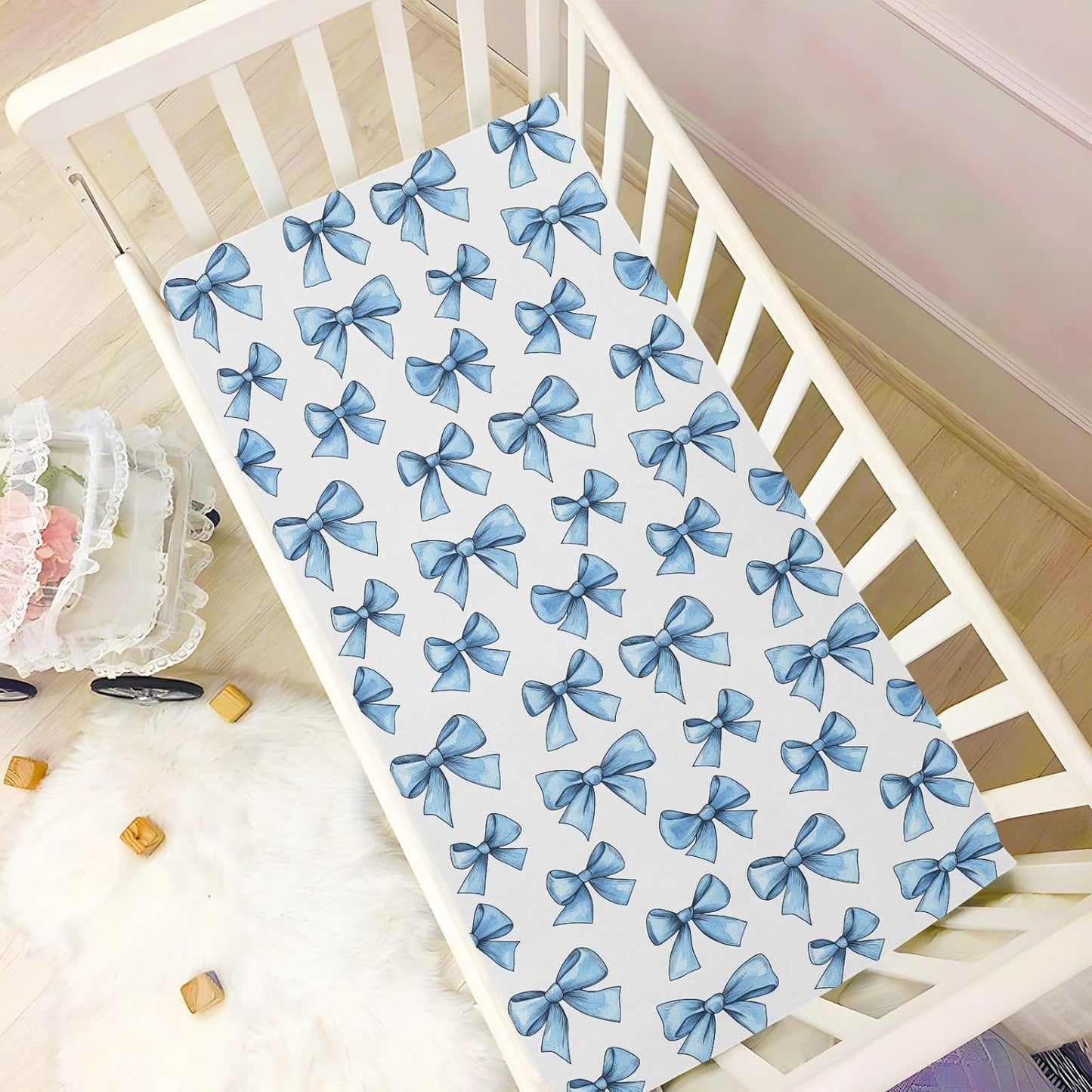 Fitted Crib Sheets Pink Checkered and Bows Stretchy Portable Playard Sheets for Baby Toddler, Breathable Soft Mini Crib Mattress 39 x 27 in for Boys and Girls