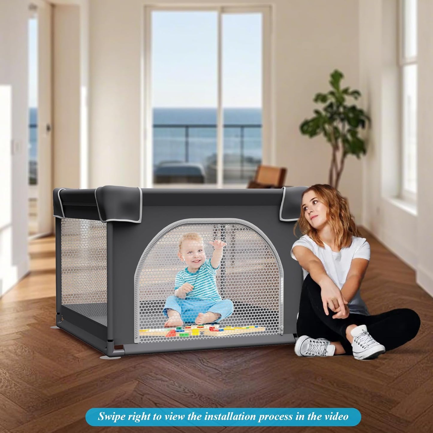 Grobeybees Playpen for Babies and Toddlers, Small Baby Playpen, Playard with Bag, Indoor & Outdoor Play Pen, Sturdy Safety Baby Play Yard with Soft Breathable Mesh(Black, 36x36 inches)