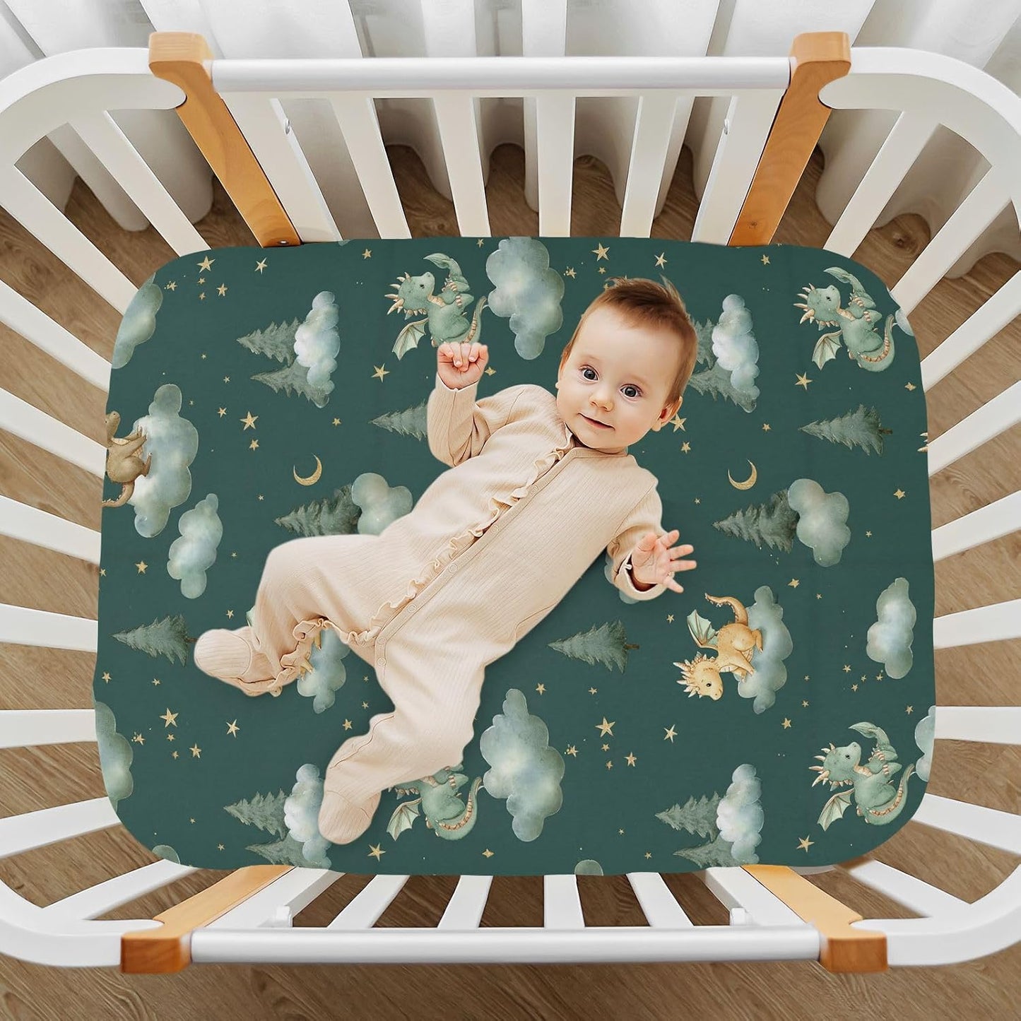 Pfrewn Crib Sheets for Boys Girls Dragon Baby Animals Retro Fitted Crib Sheet for Mini Crib Mattress Stretch Soft Toddler Baby Playard Sheet,39x27IN