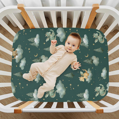 Pfrewn Crib Sheets for Boys Girls Dragon Baby Animals Retro Fitted Crib Sheet for Mini Crib Mattress Stretch Soft Toddler Baby Playard Sheet,39x27IN