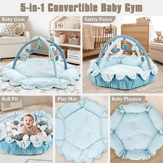 5-in-1 Plush Baby Play Gym, Activity Mat with Convertible Gym, Baby Gym 6 Sensory Toys, Play Center for Newborn to Toddler, Blue