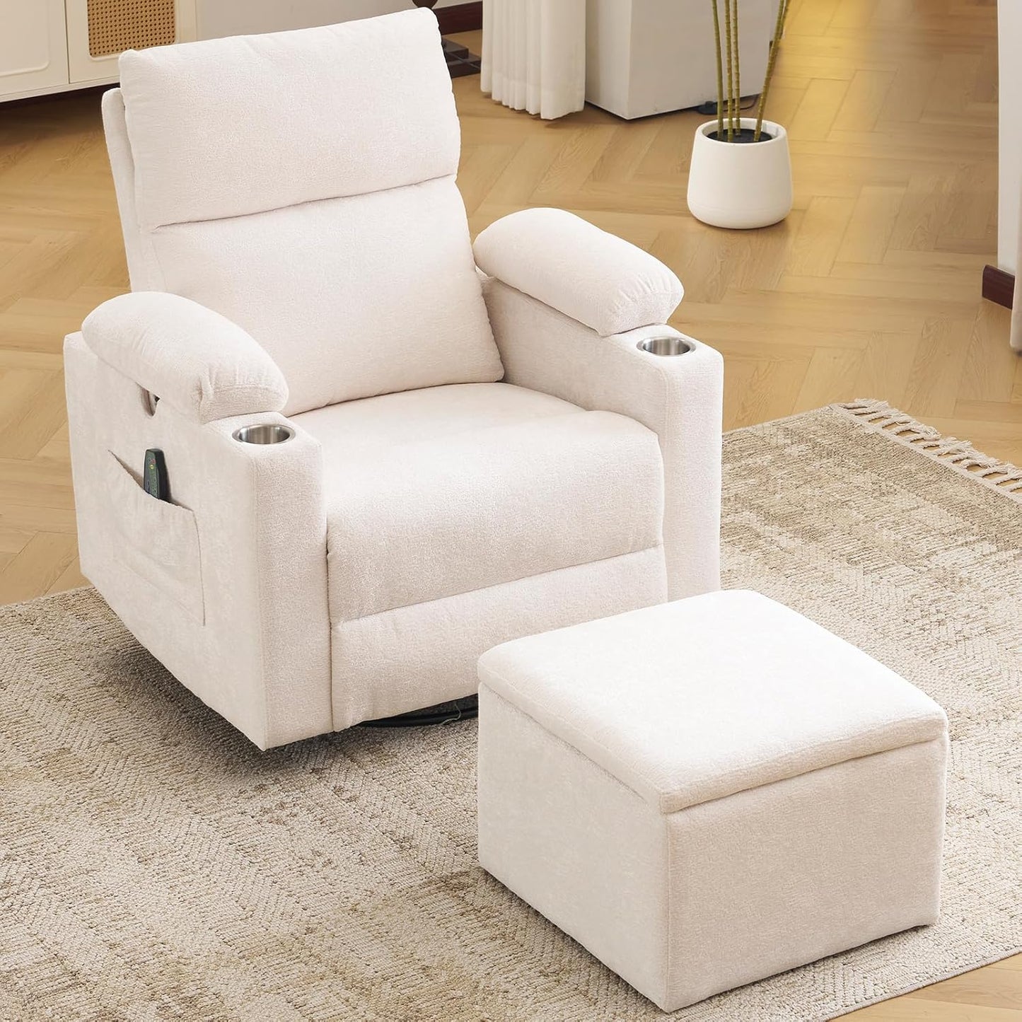 Rocking Chair Nursery with Adjustable Armrests, Electric Glider Recliner Nursing Chair for Breastfeeding, Power Swivel Recliner Chairs with Massage and Heat, Adjustable Headrest , FSC Certified, White