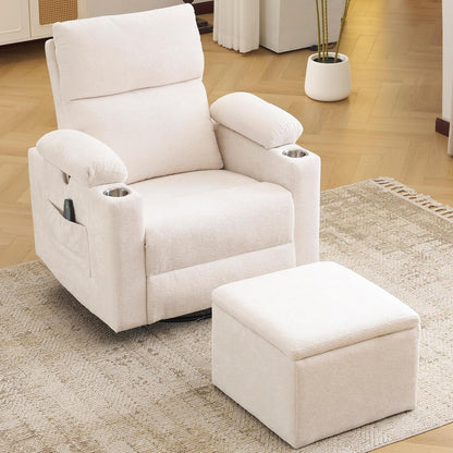 Rocking Chair Nursery with Adjustable Armrests, Electric Glider Recliner Nursing Chair for Breastfeeding, Power Swivel Recliner Chairs with Massage and Heat, Adjustable Headrest , FSC Certified, White